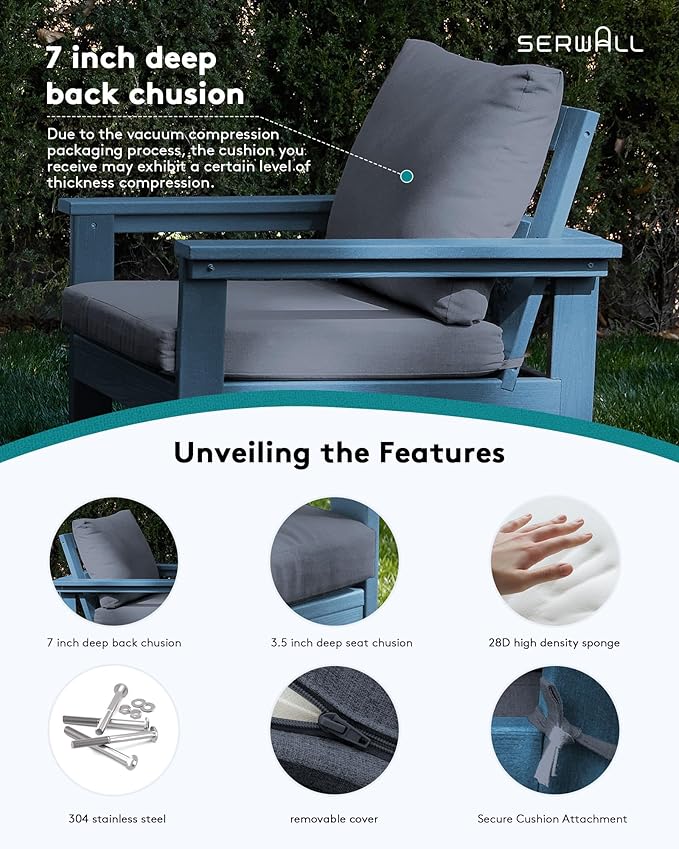 SERWALL HDPE Patio Sofa Set, 3-piece Sectional Outdoor Furniture Set, All Weather Outdoor Couch Set Patio Furniture Set for Deck, Lawn, Blue Frame with Grey Cushion
