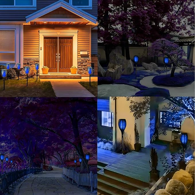 4 Pack Outdoor Solar Flame Light,Solar Lights Outdoor for Garden Decorations with Flickering Flame,IP65 Waterproof Solar Powered Yard Lights Torch Light for Lawn Patio Pathway (Blue)