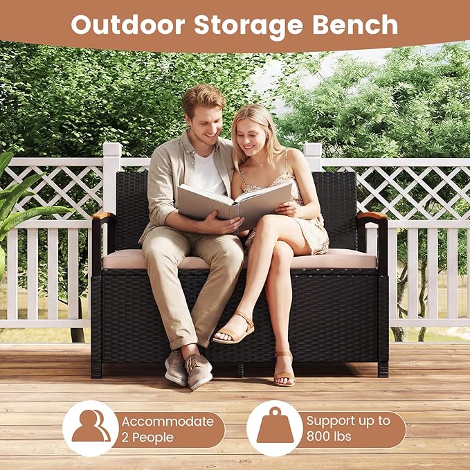 RELAX4LIFE Wicker Outdoor Storage Bench, Rattan Deck Box w/Protective Liner for Patio Furniture Pillows & Garden Tools, Porch Loveseat with Seat Cushion, Acacia Wood Armrests (Black-Beige)