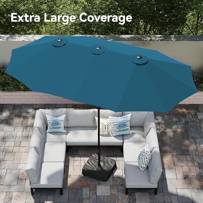 PHI VILLA 15ft Large Patio Umbrellas with Base Included, Outdoor Double-Sided Rectangle Market Umbrella with Crank Handle, for Poolside Lawn Garden, Cyan