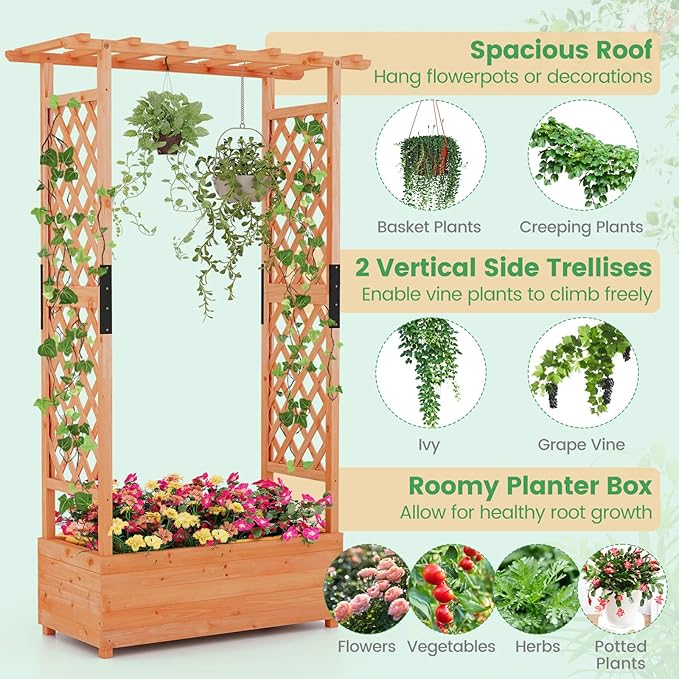 Giantex Raised Garden Bed with Trellis & Hanging Roof, Wood Planter Box with Bottom and Drainage Holes, Freestanding Garden Planter for Flower Vegetable Fruit Herb Climbing Vines, 43.5"x17.5"x72"