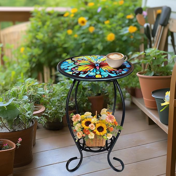 LIFFY Outdoor Side Table, 14" Round Mosaic Patio Table with Glass Butterfly Tabletop, 21" Height 2-Tier Indoor Small Decorative Plant Stand & End Table with Metal Frame for Home, Garden, Yard