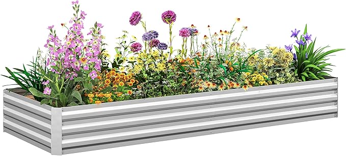 Outsunny Galvanized Raised Garden Bed, 8' x 3' x 1' Metal Planter Box, for Growing Vegetables, Flowers, Herbs, Succulents, Silver