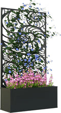 Outsunny Metal Raised Garden Bed with Trellis for Climbing Plants, Freestanding or Wall Mounted Flower Bed with Privacy Panel, Snail Cut-Outs Outdoor Planter Box for Garden, Patio, Balcony