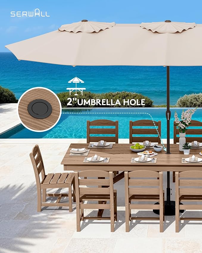 SERWALL 11 Piece Outdoor Dining Set, 84" HDPE Outdoor Large Dining Table and Chairs Set for 10，All Weather Patio Dining Furniture Set with Umbrella Hole for Backyard, Garden, Brown