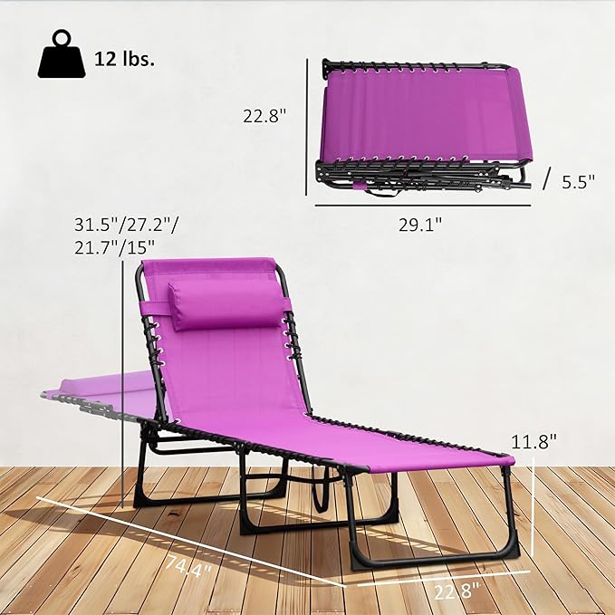 Outsunny Folding Chaise Lounge Chair, Patio Sun Tanning Chair, Outdoor Chaise Lounger with 4-Position Reclining Back, Breathable Mesh Seat for Beach, Poolside, Yard, Purple