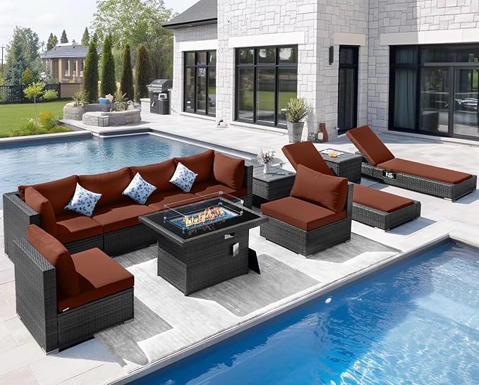 NICESOUL 11 Piece Outdoor Furniture with Fire Pit Propane/Gas, 29.3'' High Back Patio Sectional with Fire Pit & Chaise Lounge, 500 lbs Heavy Duty Large Deep Couches, 2 Color Cushion Burgundy & Gray