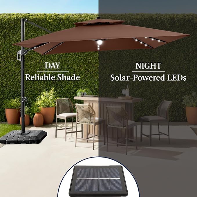 Best Choice Products 12x12ft LED Cantilever Patio Umbrella w/Base Included & 360° Rotation, Large Solar Offset Hanging Outdoor Sun Shade for Deck, Backyard Table w/Stand & Lights – Brown