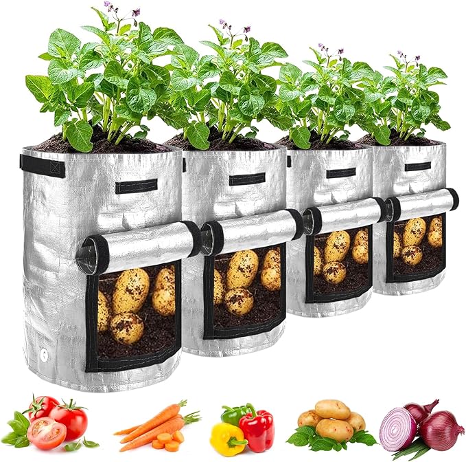 JJGoo Potato Grow Bags, 4 Pack 10 Gallon Potato Planter with Flap and Handles Planter Pots for Onion, Fruits, Tomato, Carrot - Grey