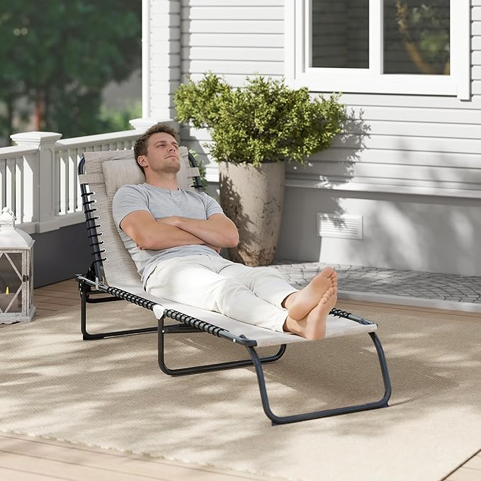 Outsunny Folding Chaise Lounge Chair, Patio Sun Tanning Chair, Outdoor Chaise Lounger with 4-Position Reclining Back, Breathable Mesh Seat for Beach, Poolside, Yard, Cream White