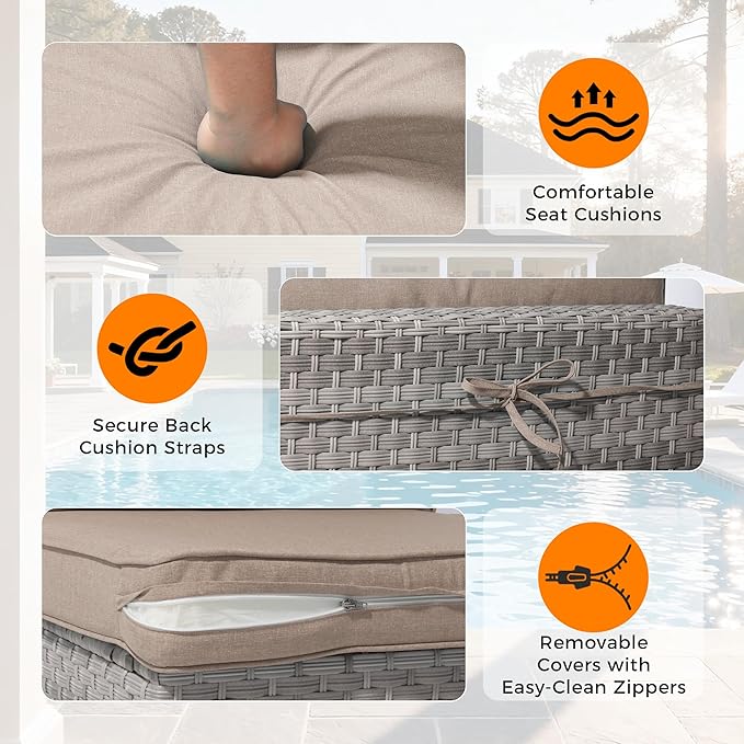 6-Seat Modular Patio Furniture Set – Outdoor Wicker Sectional Sofa with Thick 4″ Cushions, Dual-Strand PE Rattan, Rust-Resistant 18 mm Steel Frame, Backyard Garden Deck Lounge,Beige