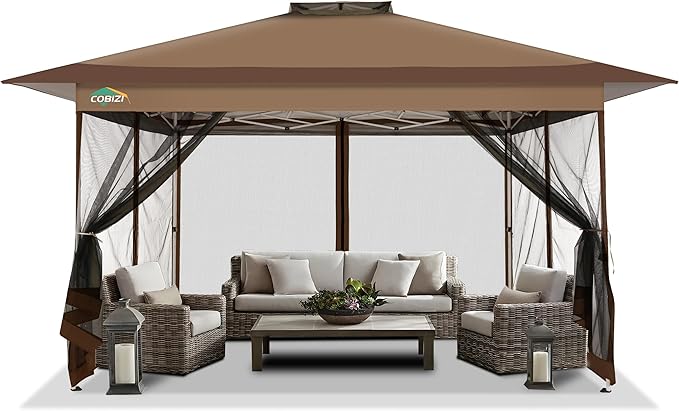 COBIZI 10x15 FT Pop up Gazebo on Clearance - Outdoor pop up Canopy Tent,carpas para Patio, Shelter - Screen Tents with Portable Carry Bag, Patio Gazebos for Camping,Garden,Deck,Backyard,Brown