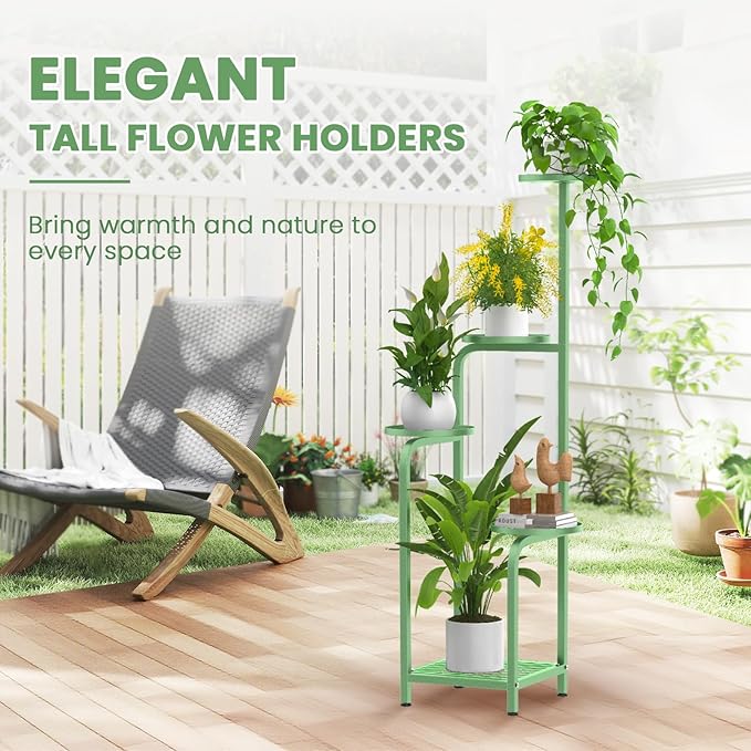 TOSKING 5 Tier Tall Plant Stand Indoor Outdoor, Heavy Duty Corner Shelf for Plants & Decor, Space Saving 3.9FT Metal Flower Pot Stand for Balcony, Garden, Living Room, Patio( Sage Green, 5Tier SQ Base)