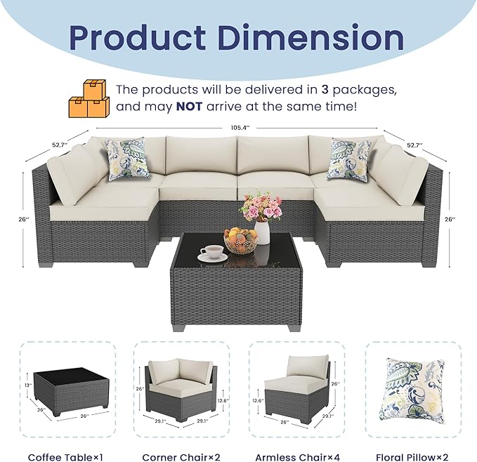 Outdoor Patio Furniture Set with 28'' Fire Pit Table, 8 Pcs Outdoor Patio Furniture Conversation Sets with 4in Thicken Cushion, Wicker Outdoor Sectional for Backyard, Garden, Balcony,Deck,Coffee/Beige