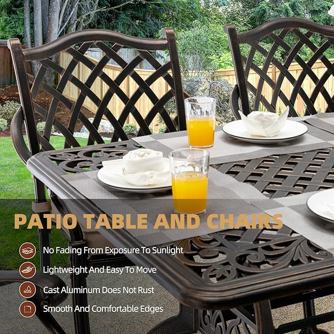 Outdoor Patio Dining Table - All-Weather Cast Aluminum 60" x 28.5“ Patio Rectangular Table with 2" Umbrella Hole for Balcony Lawn Garden Backyard