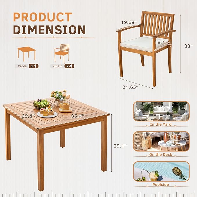 Greesum 5 Piece Patio Dining Set Outdoor Solid Wood Furniture for Yard, Garden, Porch w/Square Tabletop & 4 Chairs, White