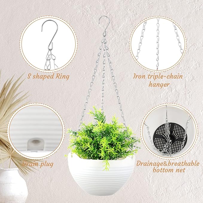 Zopeal 16 Pack Self Watering Hanging Planters 8 Inch Garden Flower Plant Pot Container with Drainer and Chain Round Hanging Pot Plant Basket for Indoor Outdoor Plants (White)