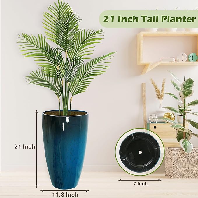2 Packs 21 inch Tall Planter, Indoor Outdoor Round Planter for Porch, Large Plant Pot with Drainage Hole for Home Garden Front Door, Modern Decorative Pots for Plants (Blue)