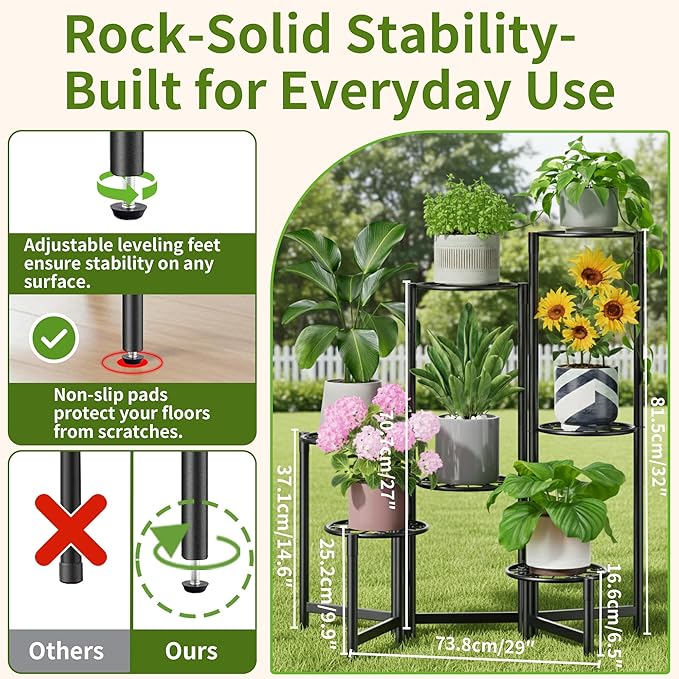 Plant Stand Outdoor,7 Tier Foldable Corner Tall Plant Shelf for Multiple Plants Flower Pot Holder Display Stand for Living Room Balcony Garden Patio -BlackS