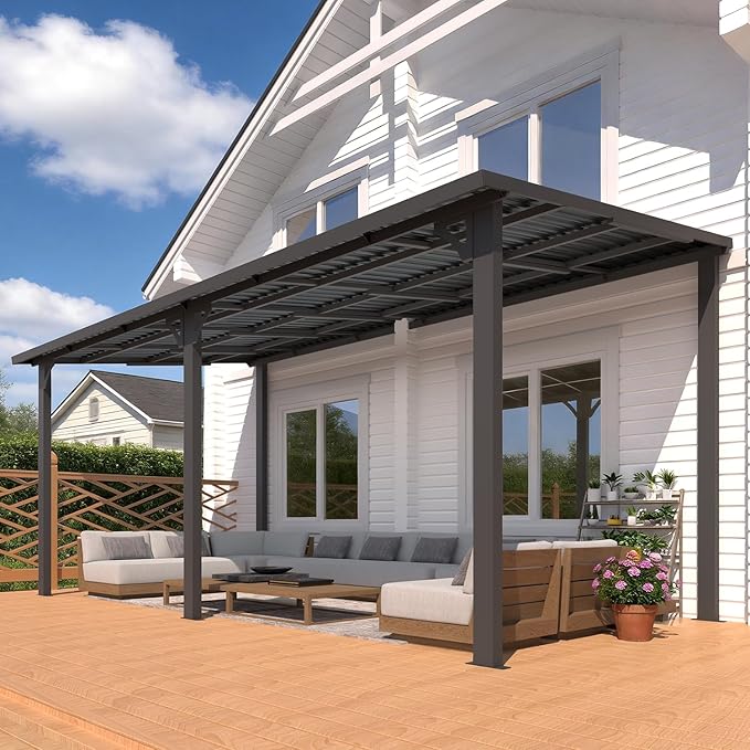 AECOJOY 8' x 16' Outdoor Hardtop Metal Gazebo for Patio, Large Lean to 16'x8' Galvanized Steel Wall Mounted Pergolas and Grill Gazebos Clearance, Patio Roof Heavy Duty Pergola Awnings for Decks
