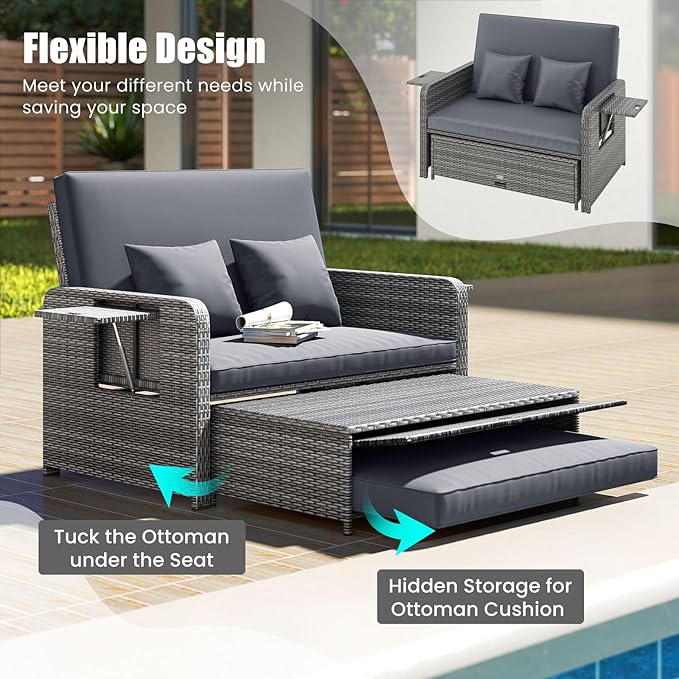 Tangkula Patio Rattan Daybed with 4-Level Adjustable Backrest, Outdoor PE Wicker Loveseat with Storage Ottoman & Folding Side Table, Double Sunbed for Balcony, Backyard & Poolside, Grey