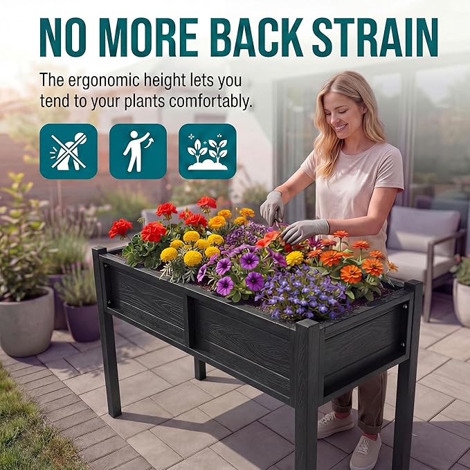 YITAHOME Elevated Garden Bed Poly-Wood All-Weather Raised Garden Bed with Legs & Drainage Hole HDPE Elevated Planter Box for Herbs Vegetables Flowers Plant Bed for Garden Balcony Backyard, Black