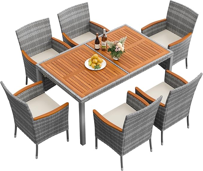 Flamaker 7 Piece Patio Dining Set Outdoor Acacia Wood Table and Chairs with Soft Cushions Wicker Patio Furniture for Deck, Backyard, Garden (Grey)