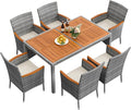 Flamaker 7 Piece Patio Dining Set Outdoor Acacia Wood Table and Chairs with Soft Cushions Wicker Patio Furniture for Deck, Backyard, Garden (Grey)
