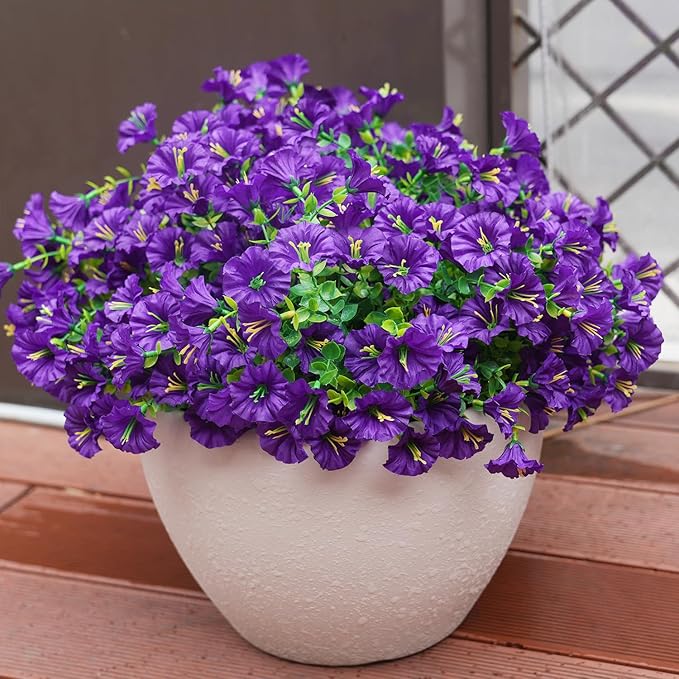 Artificial Flowers for Outdoors, UV Resistant Fake Silk Morning Glory, Realistic Faux Plants for Outside Porch Patio Window Box Hanging Planter (16, Purple)