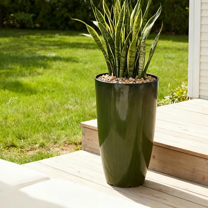 Worth Garden 23.5" H. Large Plastic Planters - Set of 2 Gradient Green Glossy Smooth Finish - Tall Plant Pots for Indoor & Outdoor Use - Decorative Lightweight Flower Pots for Front Porch, Patio, Deck