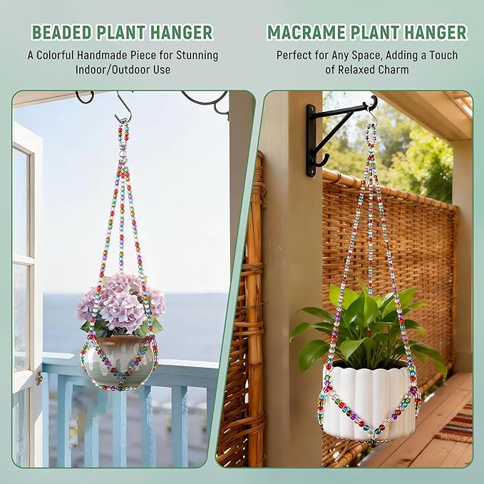 17''，2 Pack Macrame Plant Hanger, Handmade Glass Bead Plant Hanger Colorful Decorative Bohemian Hanging Planter Holder for Indoor and Outdoor Home Garden Decor. Includes Two Hooks.