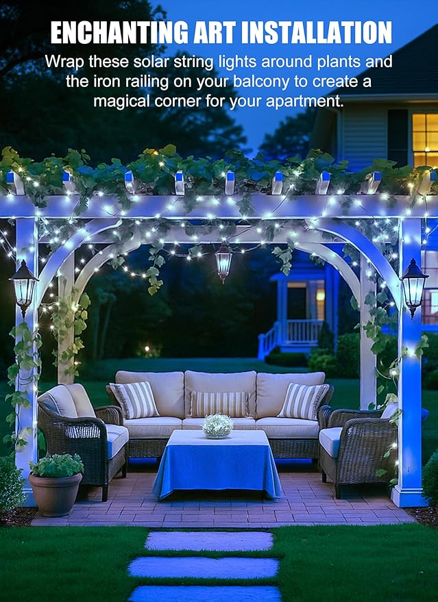 Brightown Outdoor Solar String Lights, 2 Pack 33 Feet 100 Led Solar Powered Fairy Lights with 8 Modes Waterproof Decoration Copper Wire Light for Patio Yard Trees Christmas Wedding Party (Pure White)