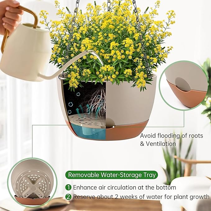 Hanging Planters for Indoor Plants, Set of 2 8/10 Inch Self-Watering Hanging Pots with Drainage Hole & Removable Water-Storage Tray II Screw-in Hooks