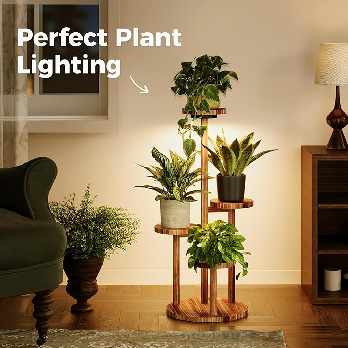 Bamworld Plant Stand Indoor with Grow Lights Plant Shelf 4 Tier Wood Plant Stand for Multiple Plants Tall Corner Plant Stands for Outdoor Round Flower Stand Plant Holder for Living Room Patio Garden Balcony