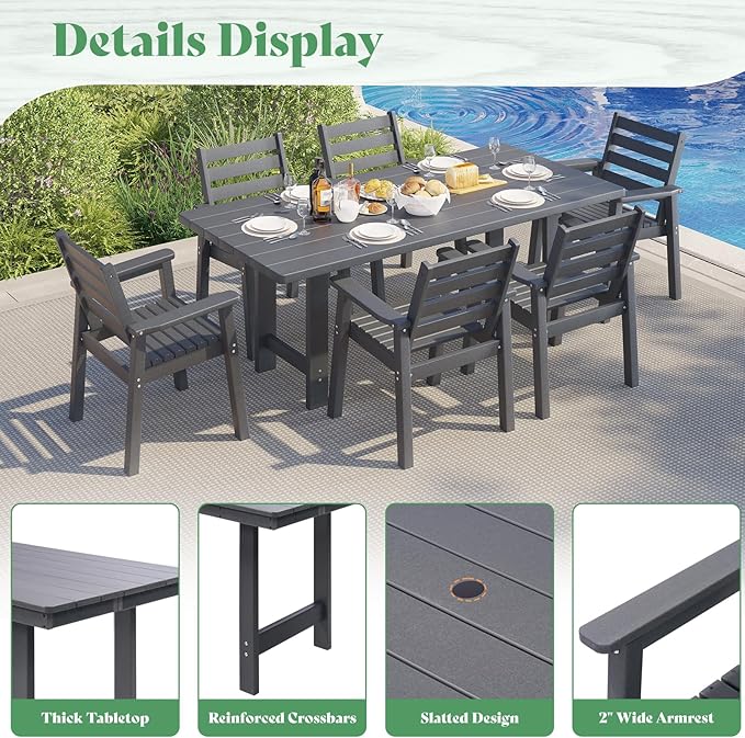 AMERLIFE 7-Piece HDPE Outdoor Dining Set with Umbrella Hole, 71" L Patio Table and Chairs Set for 6, Modern Garden Dining Set for Backyard, Poolside, Seaside, Porch, Gray