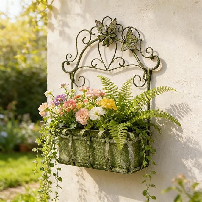 Rustic Metal Wall Planter Vintage Wall Mounted Flower Pot Farmhouse Distressed Wall Hanging Plant Basket with Floral & Butterfly Decor for Indoor Outdoor Garden Home Yard (Green#2)