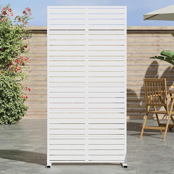 Casaphoria Metal Privacy Screen Outdoor, 72" H x 35" W Freestanding Decorative Privacy Screen for Patio Deck Balcony Garden with Stable Base, White-Louvered