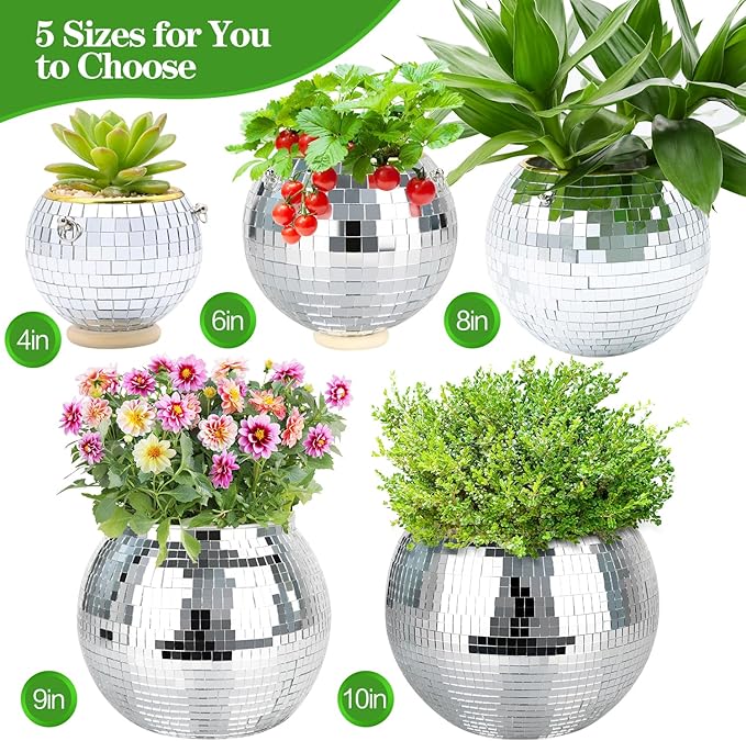 6" Disco Ball Planter, Disco Ball Plant Hanger with Hanging Rope, Hanging Chain, Hook, Circle and Extra Mirror Pieces