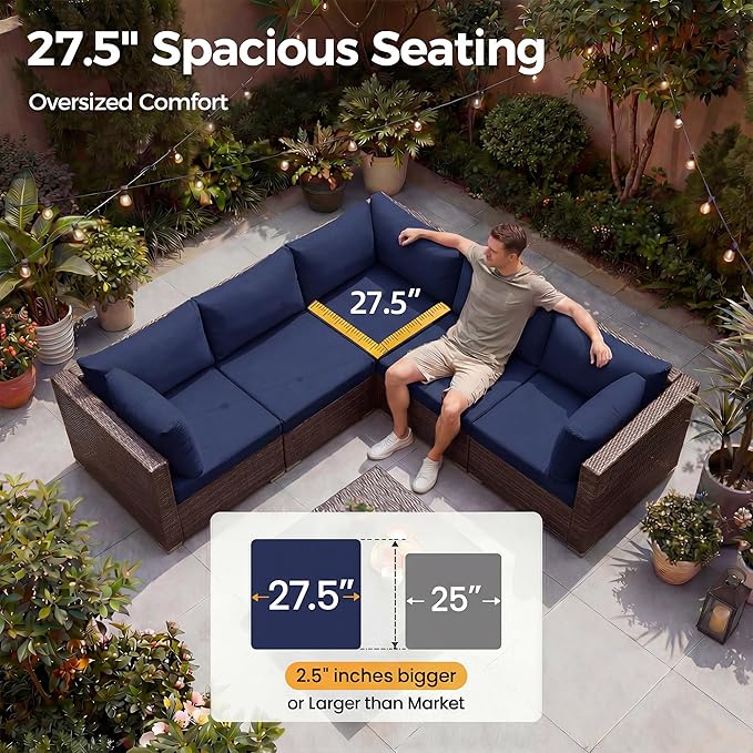 NICESOUL 6 Piece L-Shaped Outdoor Couch with Fireplace Natural Gas/Propane, 29.3'' High Back Wide Seat Patio Conversations for Outside, Oversized Comfy Sectional Furniture Set, Brown/Blue