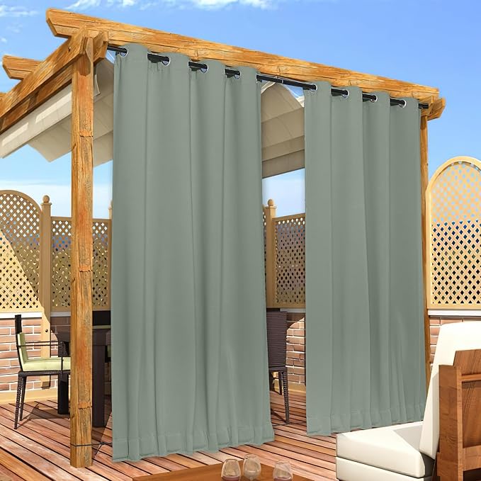 NICETOWN 2 Panels Weighted Outdoor Curtains for Patio, Grommet & Back Tab top and Bottom, Waterproof & Windproof Privacy Thermal Curtains Sun/Cold Block for Cabana with Rope, W52 x L84, Sage Green