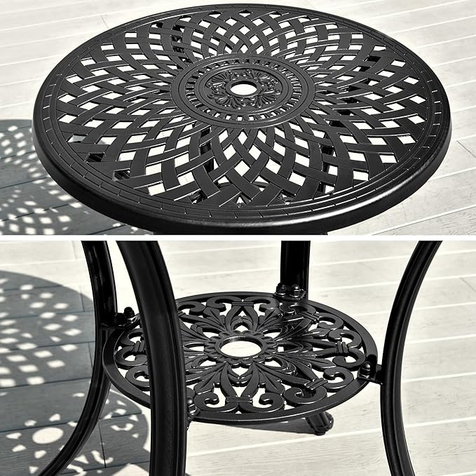 DWVO 30 Inches Round Patio Dining Table with Umbrella Hole, Antique Cast Aluminum Outdoor Bistro Table Outdoor Side Table for Backyard, Garden, Patio, Porch, Black
