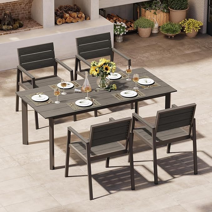 Outdoor Dining Set for 4, Aluminum Patio Table and Chairs Set with Umbrella Hole, 5 Piece HDPS Outdoor Furniture Set for Patio, Garden (Charcoal)