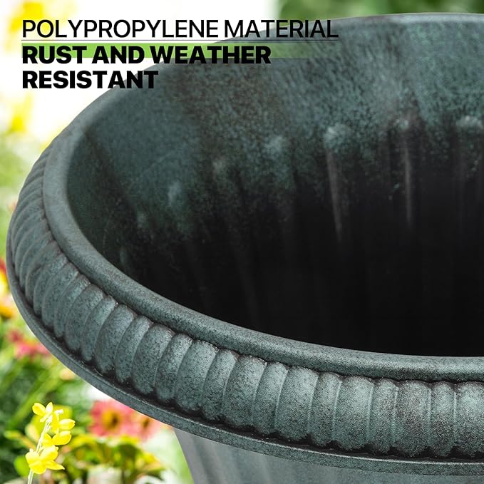 Magshion 20" Urn Planters for Outdoor Plants, Large Decorative Front Porch Planters Set of 2, Weatherproof Tall Plastic Flower Pots for Garden, Patio & Entryway Décor, Antique Green