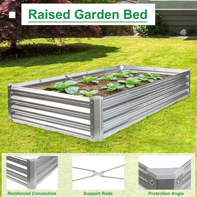 JERIA 6×3×1ft Raised Garden Bed with Support Rods,Galvanized Raised Garden Bed Kit Outdoor Metal Gardening Planter Box for Vegetable, Fruits, Flower