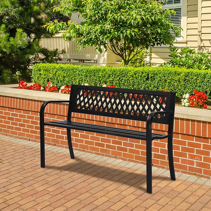 VINGLI 47'' Outdoor Bench, Weather Resistant Garden Patio Bench Powder Coated Iron Frame w/PVC Mesh Backrest Slatted Seat, 2-Person Outdoor Furniture for Front Porch Entryway Park (Black)
