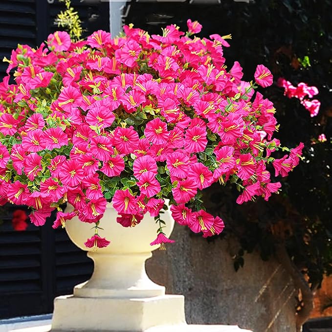Artificial Flowers for Outdoors, UV Resistant Fake Silk Morning Glory, Realistic Faux Plants for Outside Porch Patio Window Box Hanging Planter (16, Hot Pink)