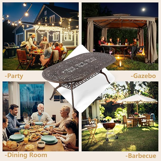 Outdoor Patio Dining Table - All-Weather Cast Aluminum 87" x 28.5“ Oval Patio Table with 2" Umbrella Hole for Balcony Lawn Garden Backyard