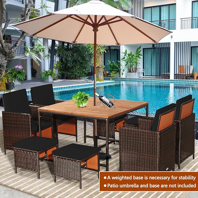 Tangkula 9 Pieces Acacia Wood Patio Dining Set, Space Saving Wicker Chairs and Wood Table with Umbrella Hole Outdoor Furniture Set, Suitable for Garden, Yard, Poolside, Outdoor Seating Set (Black)
