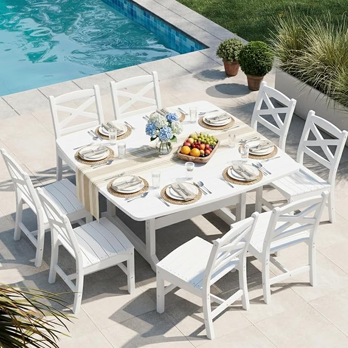 Outdoor Dining Set, HDPE 9-Piece Patio Table and Chairs Set, All-Weather Outdoor Dining Table Set for 8 with Umbrella Hole, Durable Patio Furniture Set with Chairs,White