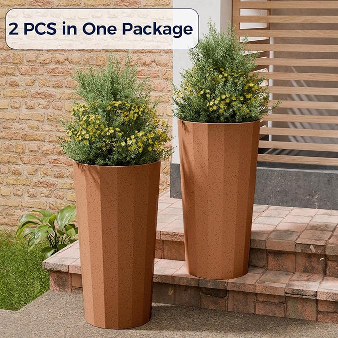 23.6" Tall Outdoor Planters Set of 2, Large Planters for Outdoor Plants for Porch Decor with Drainage Hole, Wide Stripe Design Porch Flower Pots for Indoor Pot Patio/Garden, Terracotta